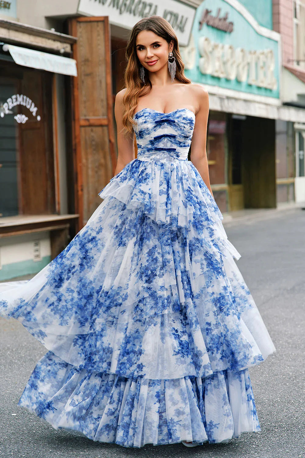 Blue Floral Printed Sweetheart A-Line Chiffon Tiered Long Prom Dress