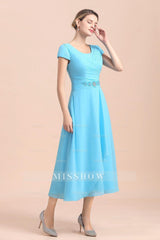 Blue Short Sleeves Chiffon Mother of the Bride Dress Tea-Length Online