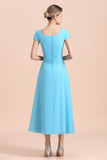 Blue Short Sleeves Chiffon Mother of the Bride Dress Tea-Length Online-misshow.com