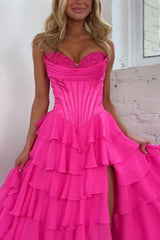 Blue Sweetheart Ruffled Long Corset Prom Dress with Slit