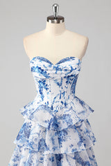 Blush Sweetheart A-Line Chiffon Floral Ruffled Long Corset Prom Dress with Slit