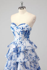 Blush Sweetheart A-Line Chiffon Floral Ruffled Long Corset Prom Dress with Slit
