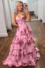 Blush Sweetheart A-Line Chiffon Floral Ruffled Long Corset Prom Dress with Slit
