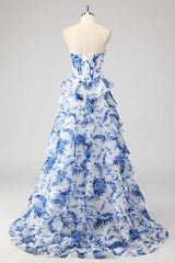Blush Sweetheart A-Line Chiffon Floral Ruffled Long Corset Prom Dress with Slit