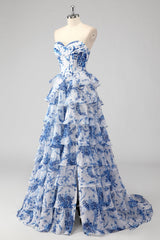 Blush Sweetheart A-Line Chiffon Floral Ruffled Long Corset Prom Dress with Slit