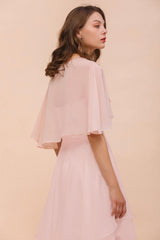 Blushing Pink Bridesmaid Dress Knee Length Simple Chiffon Girls Party Dress with Wraps