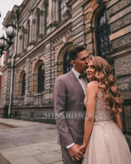 Boho A-line V-Neck Slit Wedding Dresses with Lace