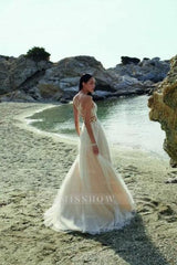 Boho Long A-line Tulle Sleeveless Wedding Dresses With Lace