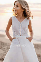 Boho Short Sleeveless A-line Flower Girls Dress With Pearl