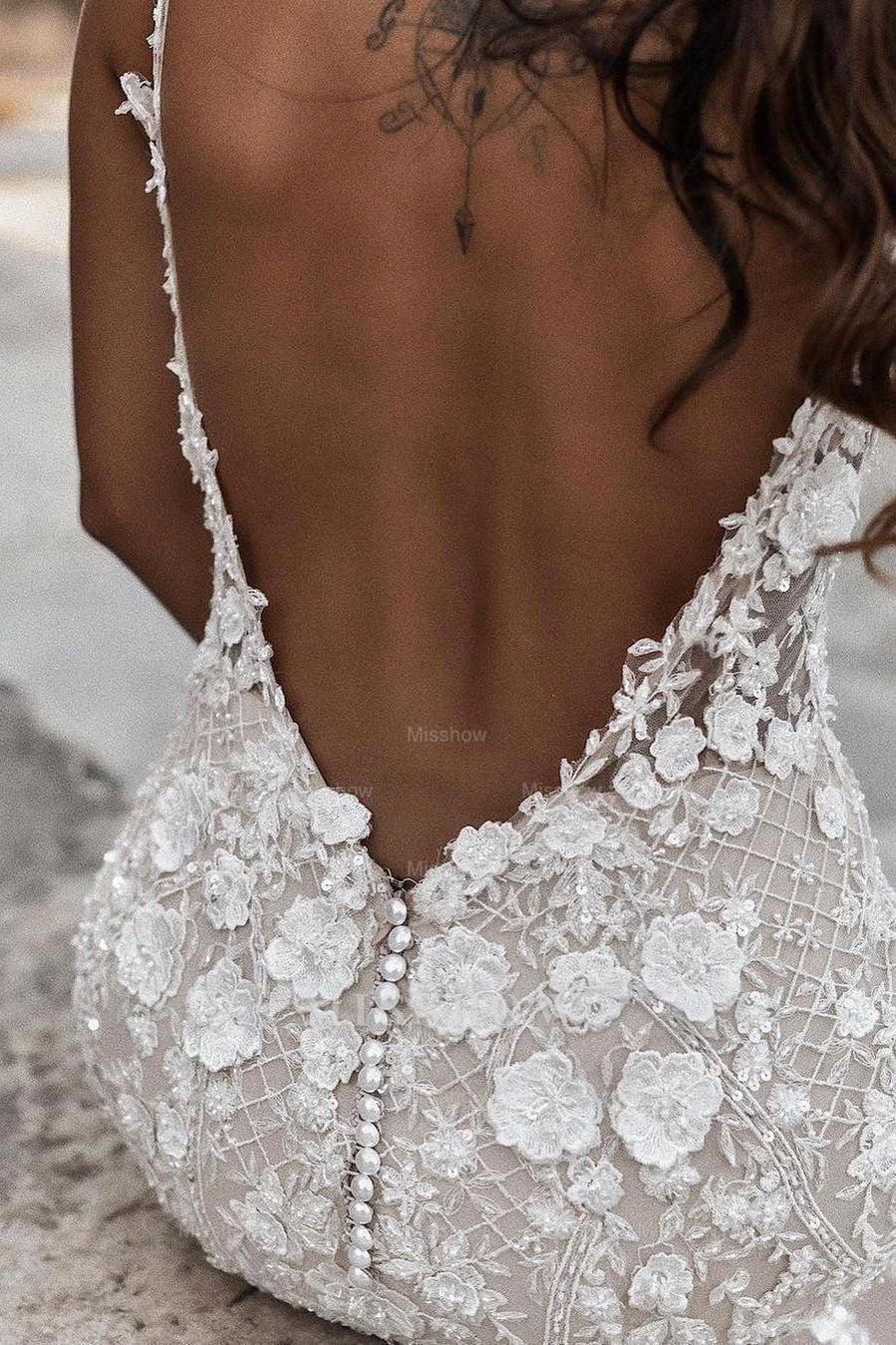 Boho Sleeveless Floral Mermaid Wedding Dress Backless Bridal Gown