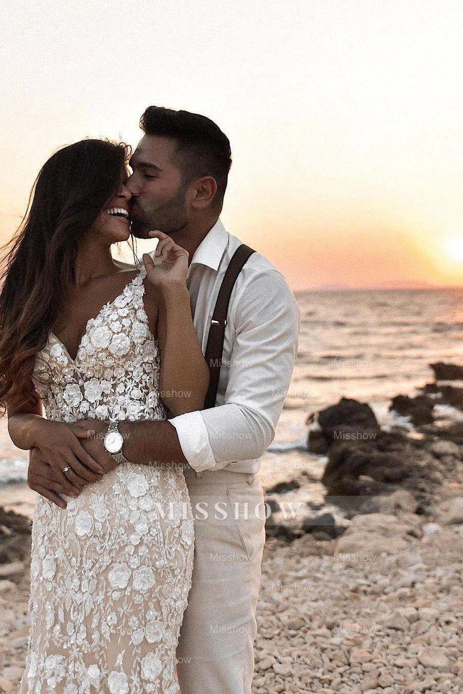 Boho Sleeveless Floral Mermaid Wedding Dress Backless Bridal Gown