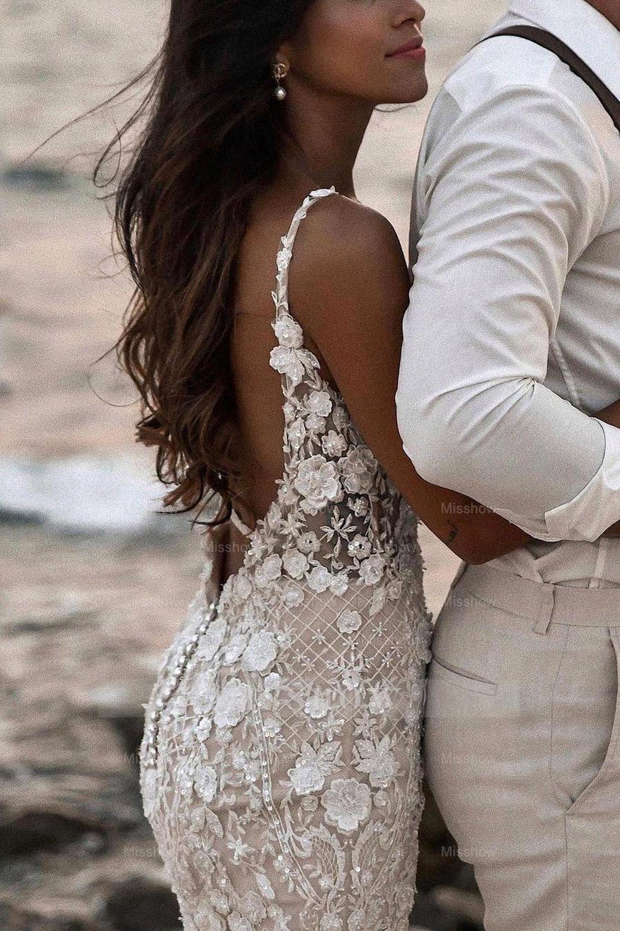 Boho Sleeveless Floral Mermaid Wedding Dress Backless Bridal Gown