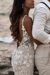 Boho Sleeveless Floral Mermaid Wedding Dress Backless Bridal Gown