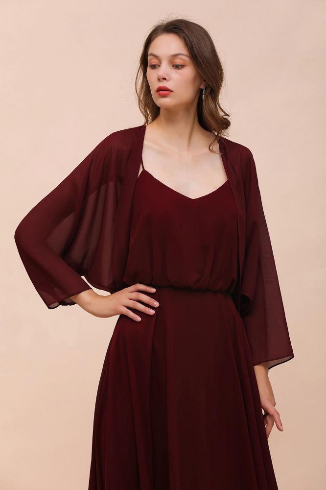 Burgundy Bridesmaid Dresses Spaghetti Straps Chiffon Floor Length Wedding Guest Dress with Back Cape Wraps