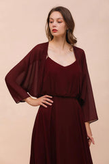 Burgundy Bridesmaid Dresses Spaghetti Straps Chiffon Floor Length Wedding Guest Dress with Back Cape Wraps
