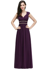 Burgundy Chiffon Sheath V Neck Long Evening Dresses