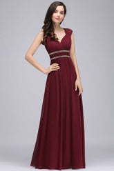 Burgundy Chiffon Sheath V Neck Long Evening Dresses
