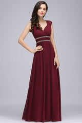 Burgundy Chiffon Sheath V Neck Long Evening Dresses