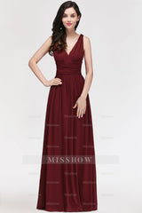 Burgundy Long V-Neck Sleeveless Chiffon Bridesmaid Dresses