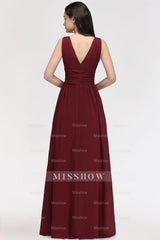 Burgundy Long V-Neck Sleeveless Chiffon Bridesmaid Dresses