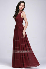 Burgundy Long V-Neck Sleeveless Chiffon Bridesmaid Dresses