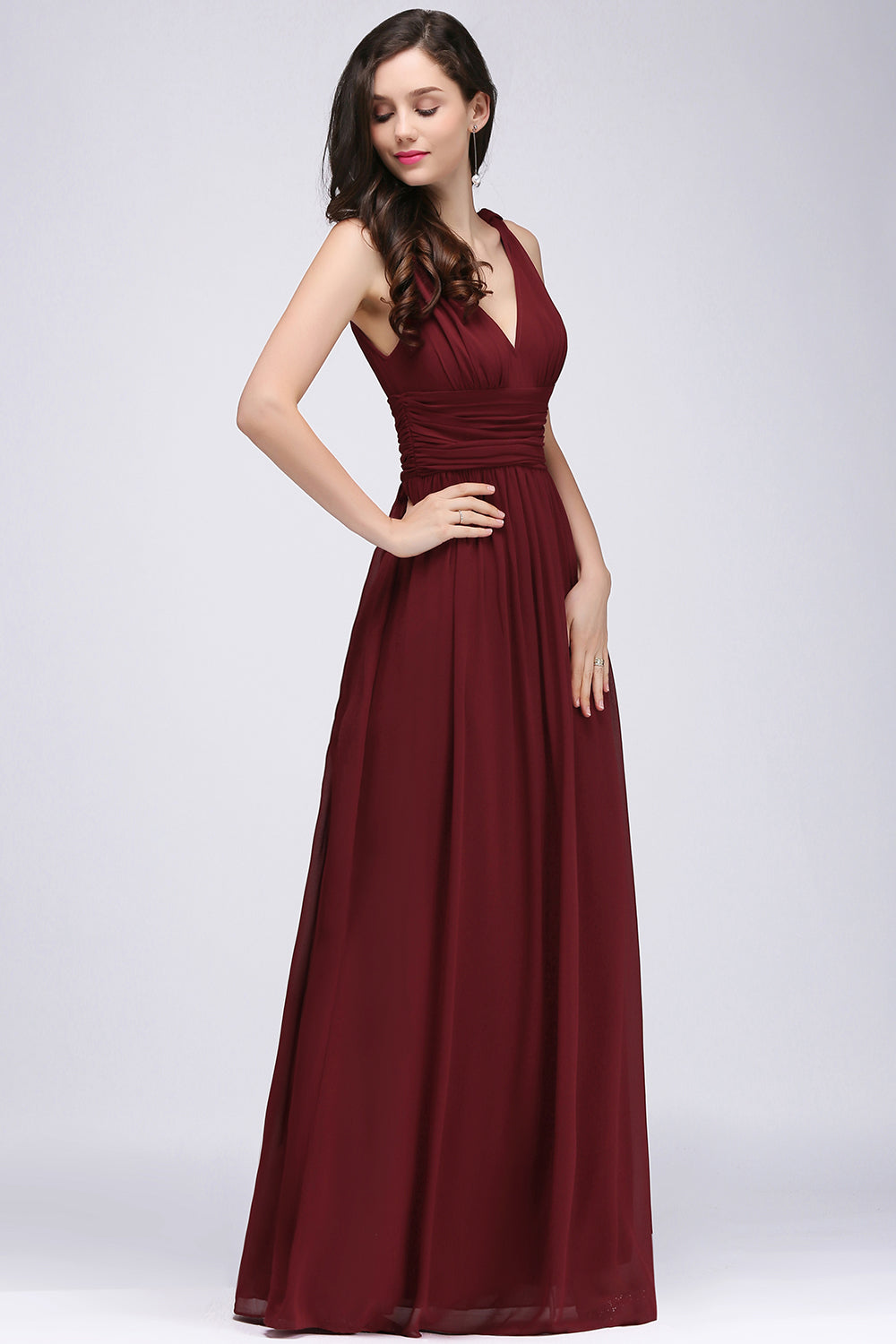 Burgundy Long V-Neck Sleeveless Chiffon Bridesmaid Dresses