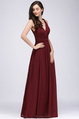 Burgundy Long V-Neck Sleeveless Chiffon Bridesmaid Dresses