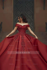 Burgundy Off-the-shoulder A-Line Satin Wedding Dresses Bridal Gowns With Lace