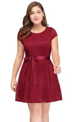 Burgundy Plus size A-Line Scoop Short Short Sleeves Lace Cocktail Dresses with Bow