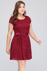 Burgundy Plus size A-Line Scoop Short Short Sleeves Lace Cocktail Dresses with Bow