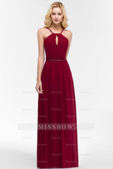 Burgundy Spaghetti Straps Long Bridesmaid Dresses with Beading Sash