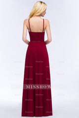 Burgundy Spaghetti Straps Long Bridesmaid Dresses with Beading Sash