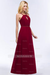 Burgundy Spaghetti Straps Long Bridesmaid Dresses with Beading Sash