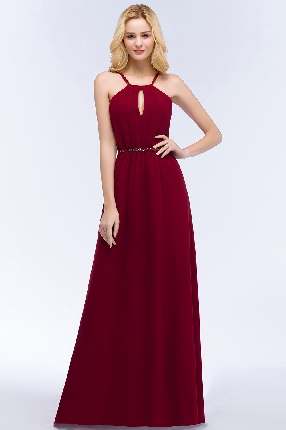 Burgundy Spaghetti Straps Long Bridesmaid Dresses with Beading Sash