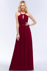 Burgundy Spaghetti Straps Long Bridesmaid Dresses with Beading Sash