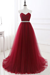 Burgundy Tulle A-line Sweetheart Prom Dress