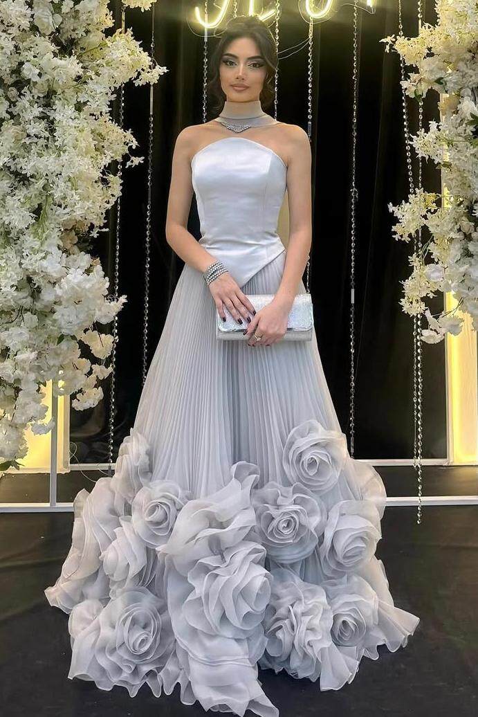 Strapless Sleeveless Long Formal Dress With Flower Pleated Ruffle