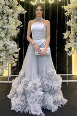 Strapless Sleeveless Long Formal Dress With Flower Pleated Ruffle