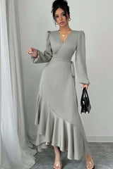 Shinning Long Sleeves V Neck Long Formal Dress With Ruffles Pleated