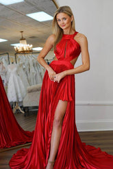 Halter Backless Long A Line Split Formal Dress With Ruffles Pleated