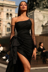 Black Formal Dress Long Sleeves Tulle One Shoulder With Pleated Split