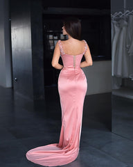 Beautiful Pink Formal Dress Sequins Spaghetti Strap With Slit Satin