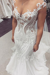 Cap Sleeves Lace Mermaid Wedding Dress
