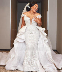 Cap Sleeves Mermaid Long Wedding Dress with Ruffles Overskirt