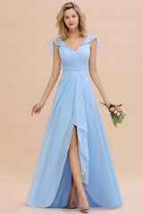 Cap Sleeves Ruffle Chiffon Hi-Lo Bridesmaid Dress A-line Wedding Party Dress