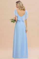 Cap Sleeves Ruffle Chiffon Hi-Lo Bridesmaid Dress A-line Wedding Party Dress