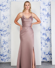 Satin Lace-up Back With High Split Sleeveless Spaghetti Strap Formal Dress