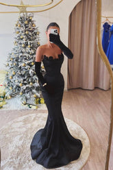 Charming Black Strapless Mermaid Pleated Long Formal Dress With Long Gloves
