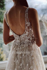 Champagne A-line Floor Length Straps V-neck Wedding Dress