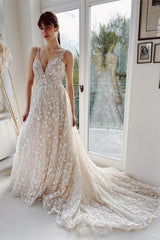 Champagne A-line Floor Length Straps V-neck Wedding Dress